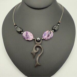 Unique Genuine Amethyst and Tourmaline Stone Beaded Tribal Pendant Necklace